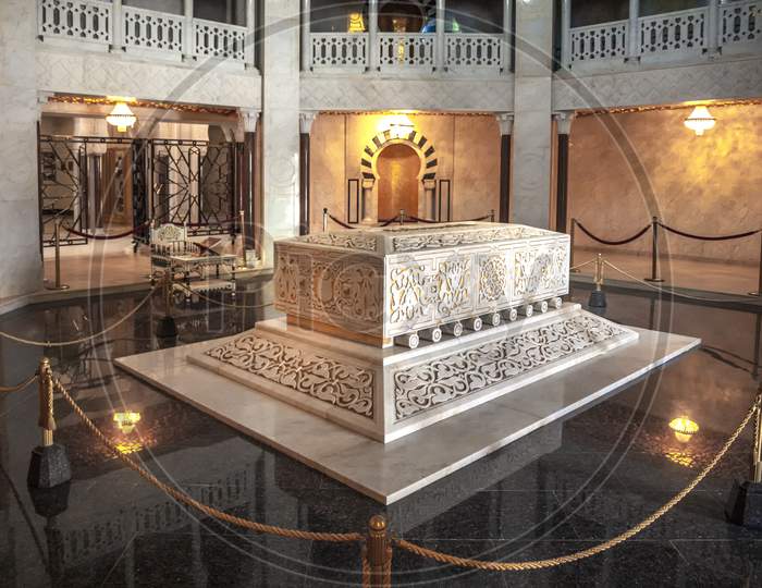 The impressive octagonal marble hall containing the sarcophagus of Habib Bourguiba in his mausoleum at Monastir Tunisia 8th October 2012 the final resting place of the first president of Independent Tunisia.