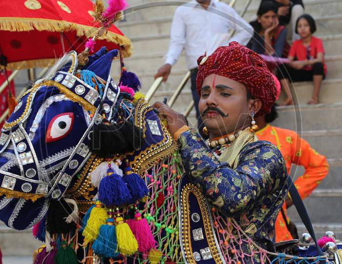 Artists Performing On Streets  in Gangaur Festival Udaipur On 4 April 2019.