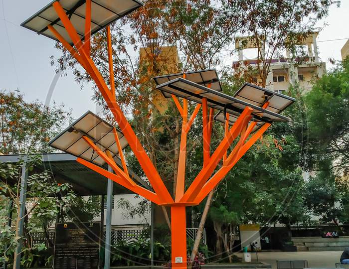 Pune Has New Solar Technology Tree With Solar Panels Above In Pune, Maharashtra, India Shot In October,2018