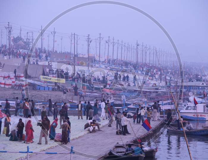 Boats On The Bank Of Triveni Sangam River At Ghats During Kumbh Mela In Allahabad