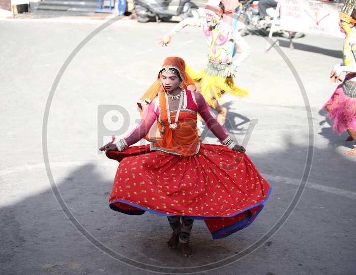 Local Artists Performing on Streets in Gangaur Festival Udaipur On 4 April 2019.