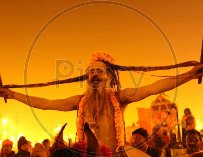 Aghori or Naga Sadhu or Hindu Holy man  Arriving  At Allahabad Kumbh Mela