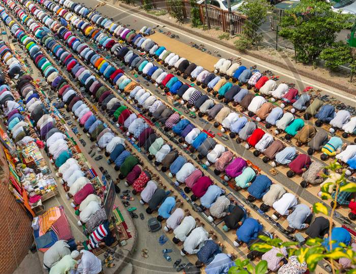Bangladesh – May 17, 2019: Muslims Praying Peacefully In Jummah Namaj During Friday Prayer At Dhaka, Bangladesh.