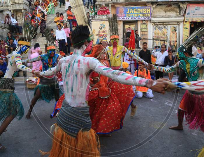 Local Folk Artists  Performing in Gangaur Festival Udaipur On 4 April 2019.