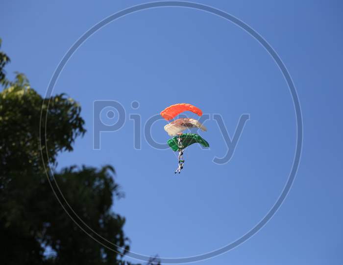 Members of Indian Air Force sky diving team 'Akash Ganga' performs in Ajmer Rajasthan India.