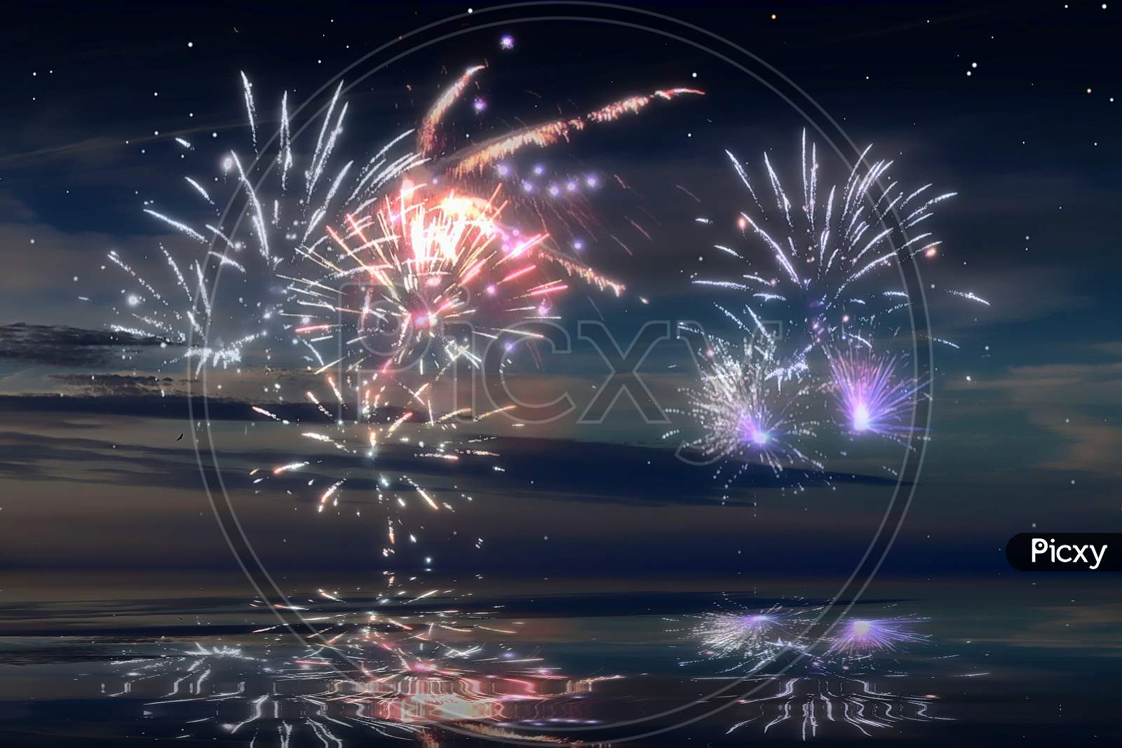 Beautiful happy new year fireworks in the sky with reflections on water
