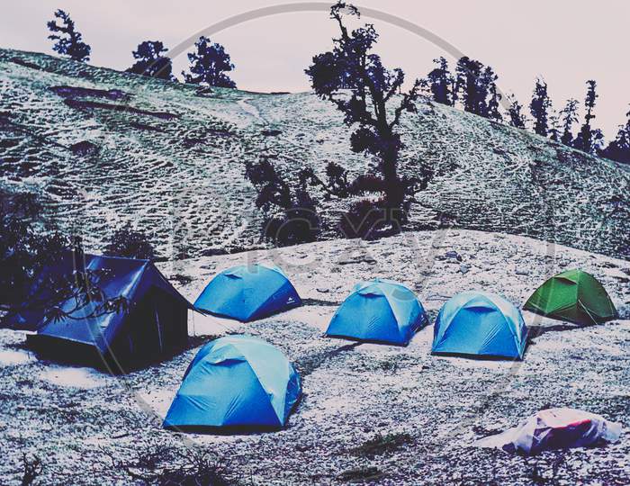 A campsite after a hailstorm
