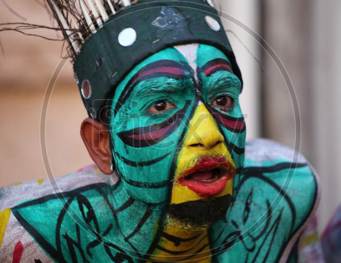Artists Wearing Facial Paint And Performing in Gangaur Festival Udaipur On 4 April 2019.