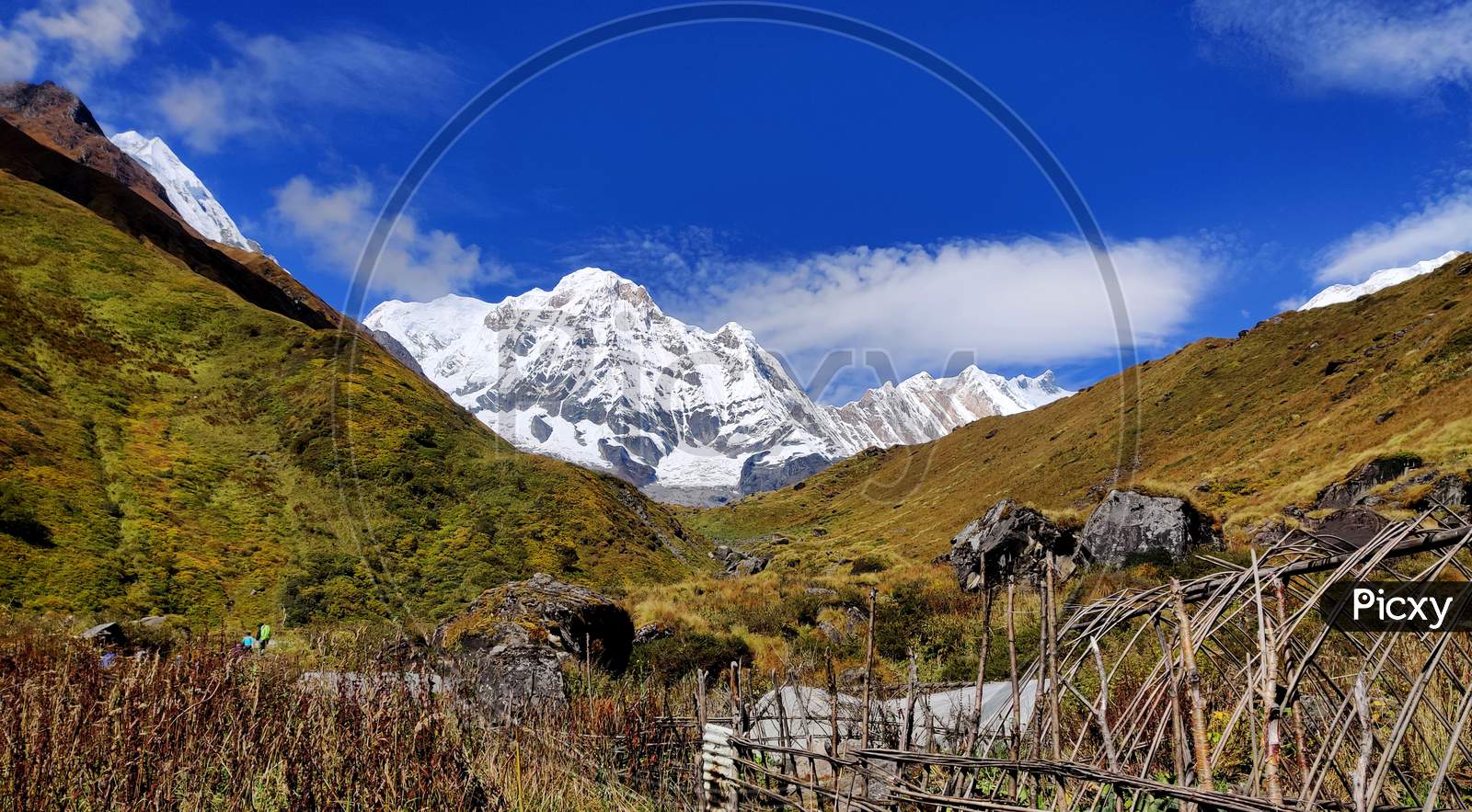 Snow mountain landscape with blue sky and Rocks in Annapurna Nepal