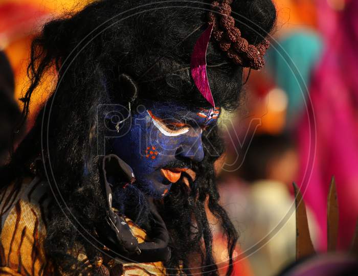 Indian Folk Artists Performing as Lord Shiva In Gangaur Festival In Udaipur, Rajasthan
