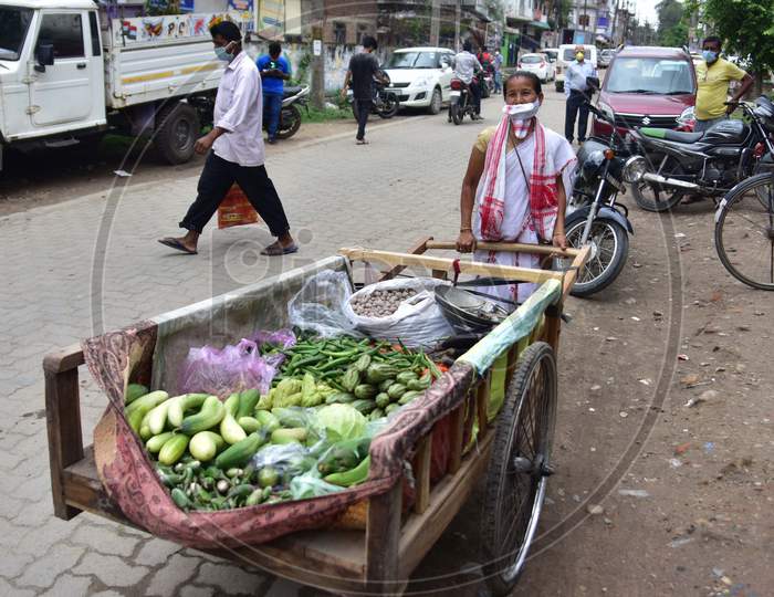 A Woman Selling Vegetables On Roads During Nationwide Lockdown Amidst Coronavirus Or COVID-19 Pandemic in Nagaon on May 14 2020