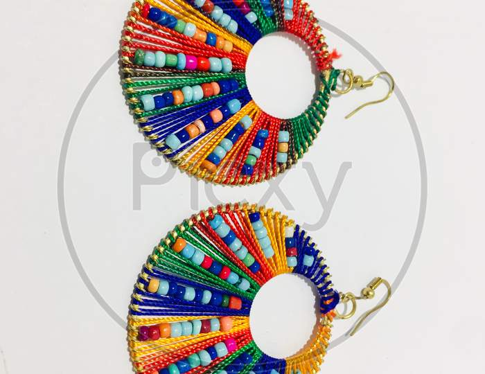 Multi colour thread & beads earrings