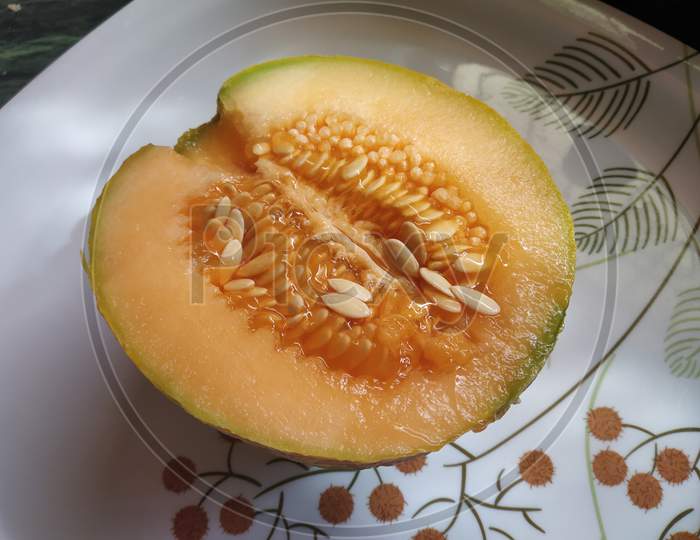 Top view of fresh juicy melon with seeds
