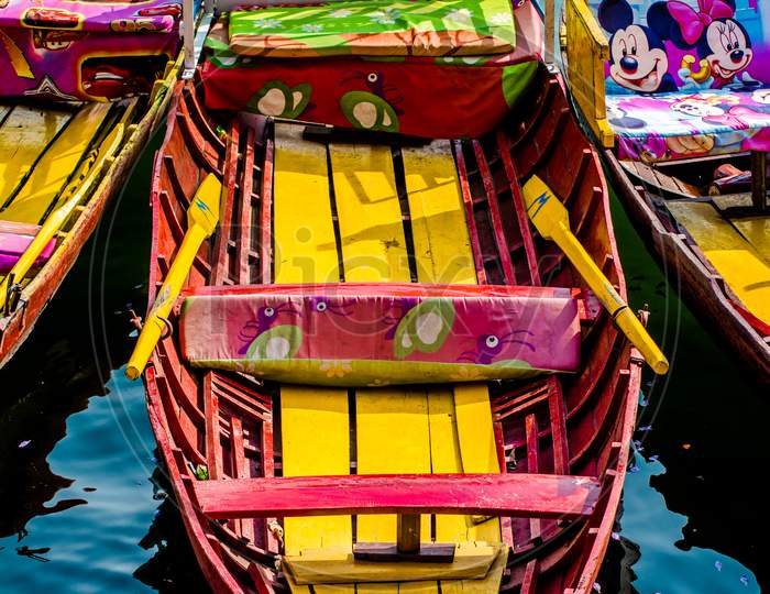 Colorful boats in Beautiful Bhimtal lake of Nainital Uttarakhand