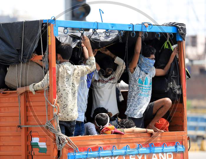 Migrant Workers From Mumbai Travelling in Trucks To Their Native Places During Nationwide Lockdown Amidst Coronavirus Or COVID-19 Pandemic In Prayagraj  May 14 2020