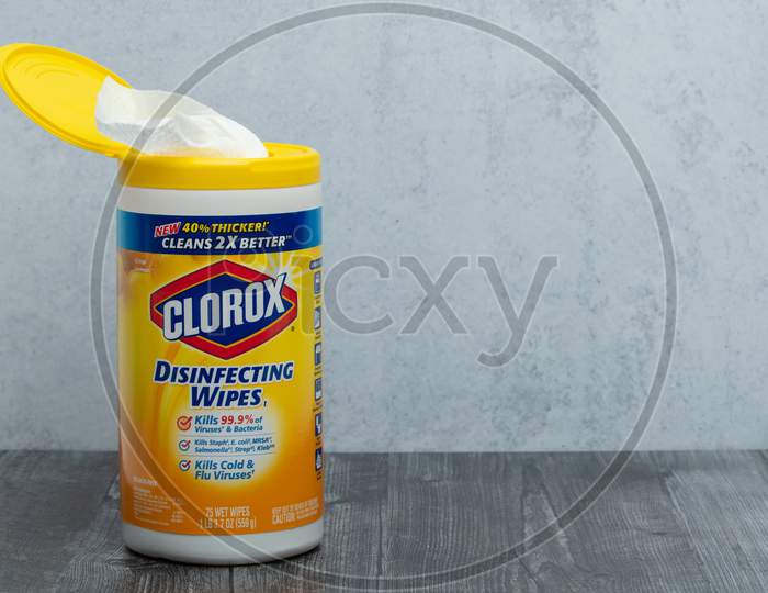 Clorox Disinfecting Wipes Bottle On Wooden Table