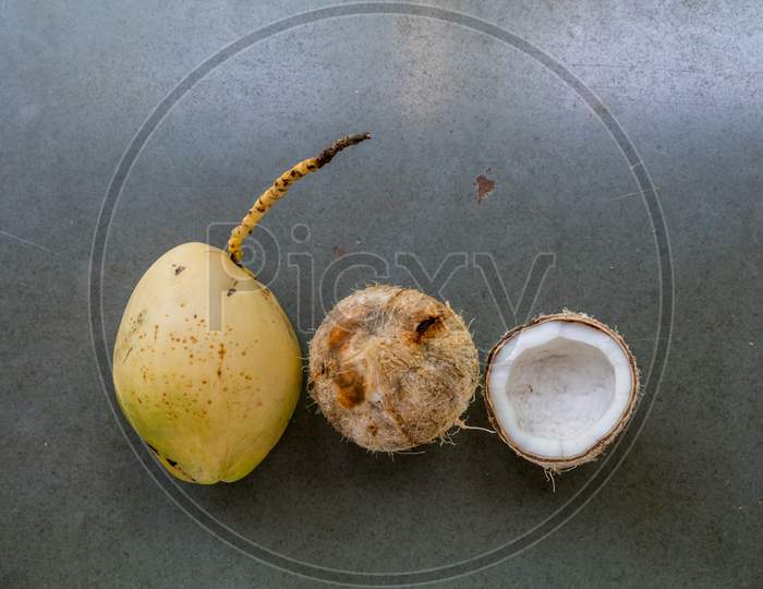 Coconut In Three Forms Tender, Pealed And Cracked