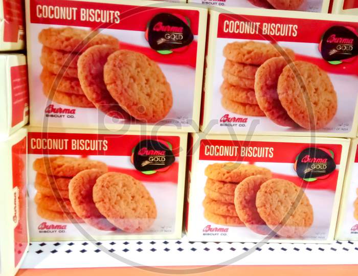 Lucknow, India - January 2020 : Line A Packet Of Coconut Biscuits Cookies Display For Sell In The Supermarket Shelf.