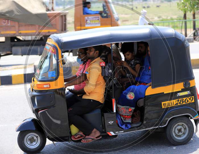 Migrant Workers From Mumbai travelling In Auto Rickshaw  To Their Native Places During Nationwide Lockdown Amidst Coronavirus Or COVID-19 Pandemic In Prayagraj May 14 2020.