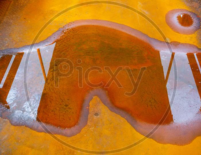 Water On Rusted Iron Sheets. Orange Color Rusted Metal Sheet Background.