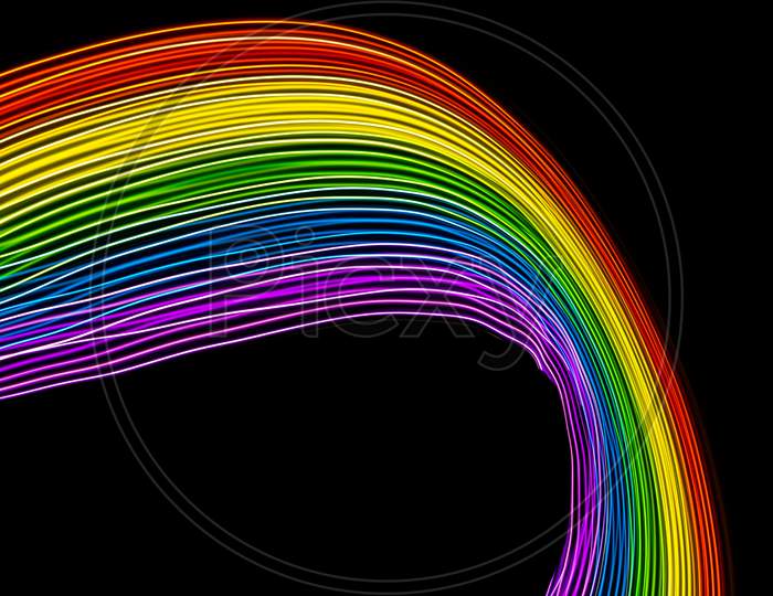 Multicolor Lights On Black Background. Rainbow Of Vibrant Colors Curves. Space To Write.
