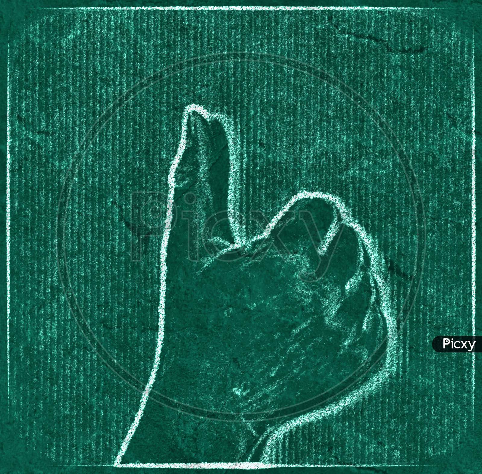 Chalkboard painting of a female human hand showing different gestures and symbols