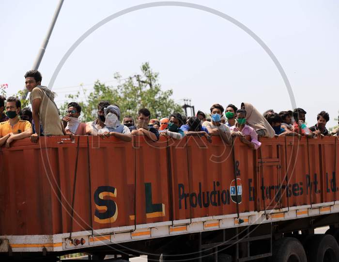 Migrant Workers From Mumbai travelling In Truck  To Their Native Places During Nationwide Lockdown Amidst Coronavirus Or COVID-19 Pandemic In Prayagraj May 14 2020