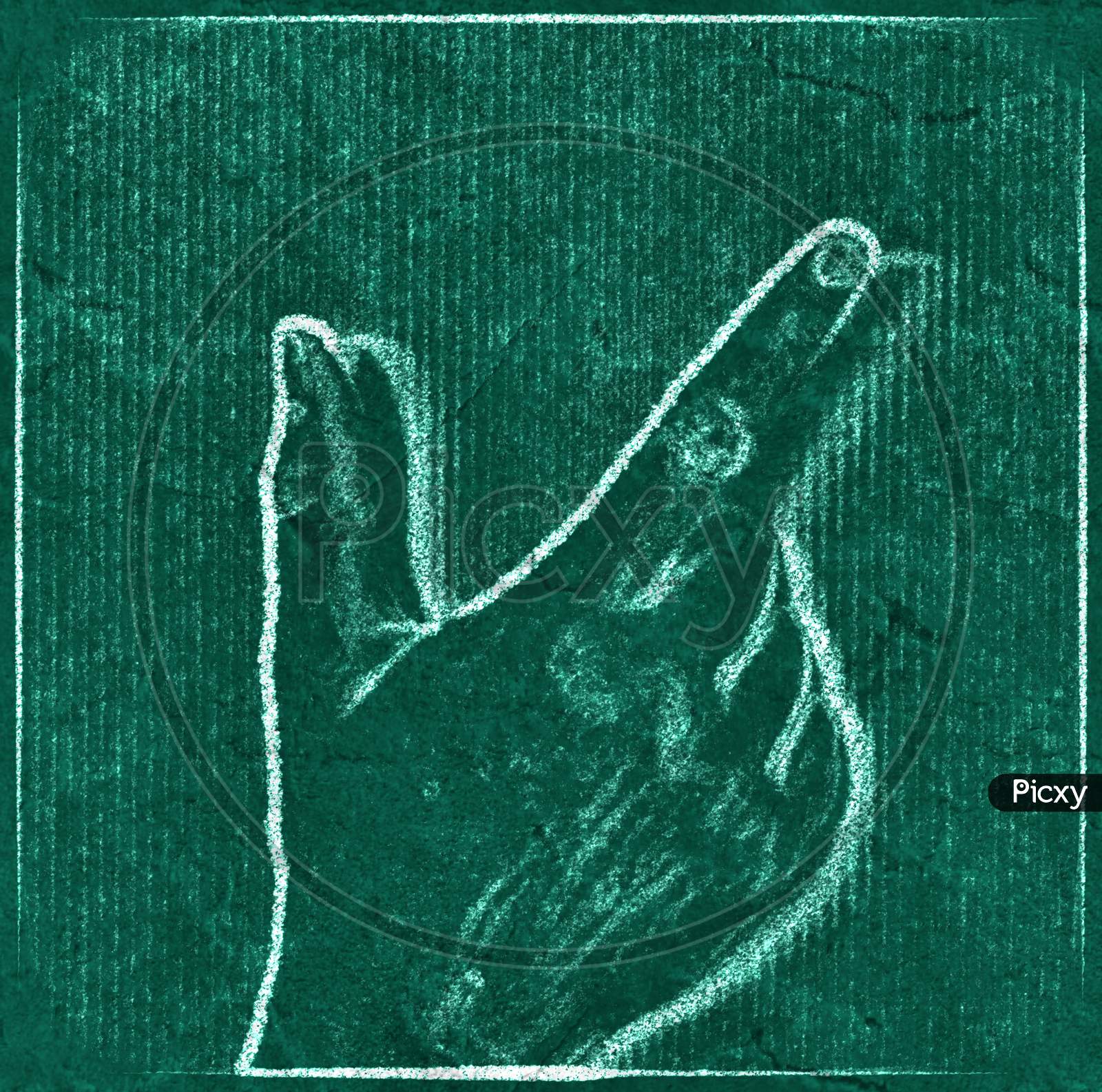 Chalkboard painting of a female human hand showing different gestures and symbols