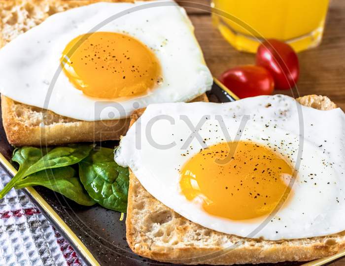 Healthy delicious breakfast of poached egg with brown bread