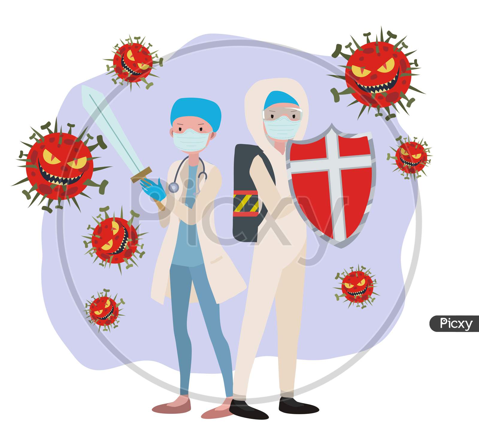 Corona virus banner fighting doctors stylized virus sketch