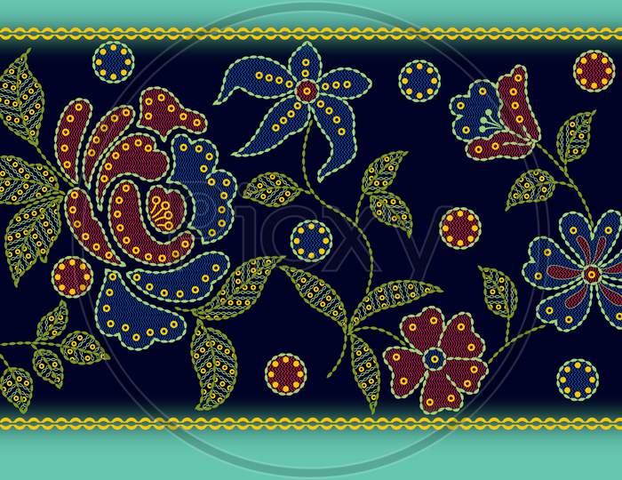 Seamless Floral Colorful Embroidery Border Design Background
