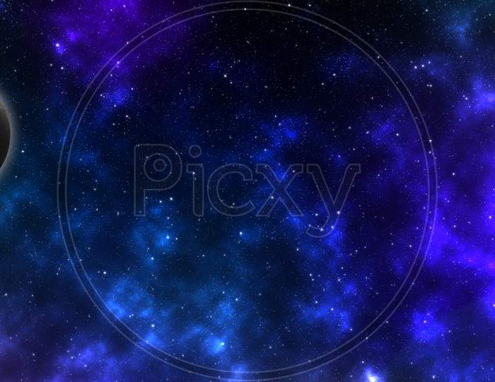 Banner of a galaxy with a sun emerging from behind a planet.
