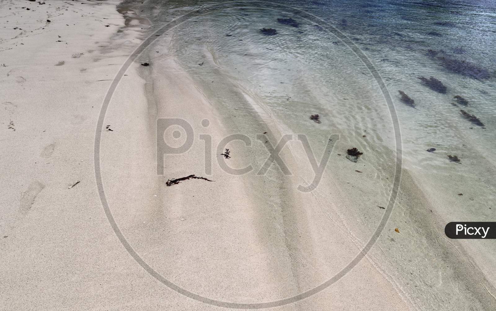 Beautiful shots of the white beaches on the Seychelles paradise island with footprints