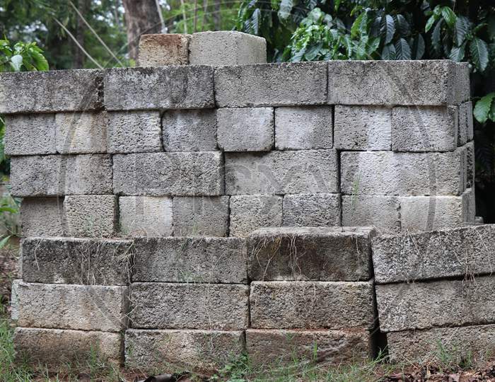 Cement Bricks Or Blocks Arranged In Order And Left Unused For Long Time