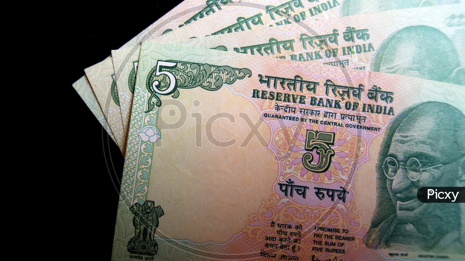 Closeup of Five Indian rupee note