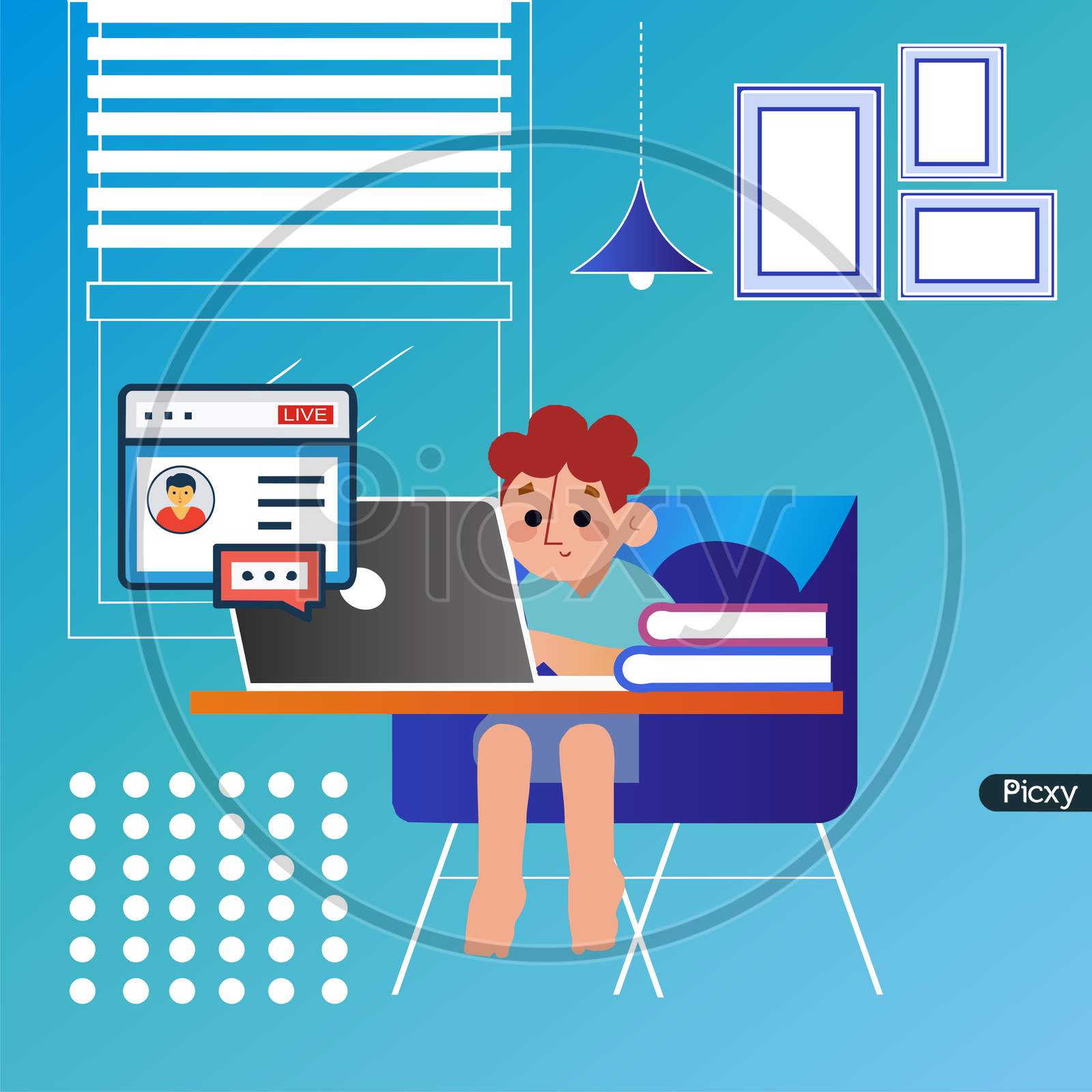 illustration of teacher on computer screen. Online education concept.