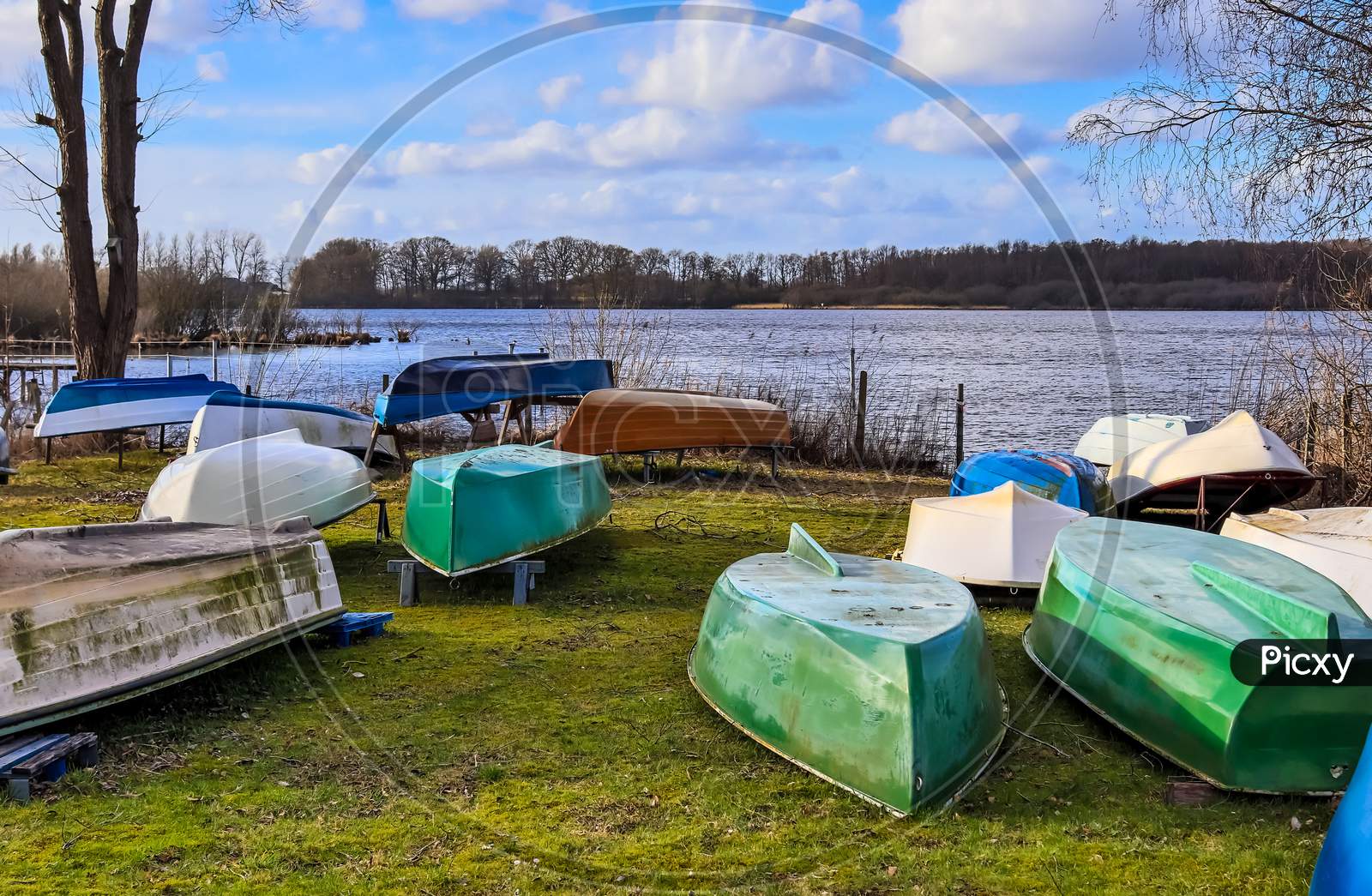 Multiple rowboats lying on a lawn at a beautiful lake on a sunny day