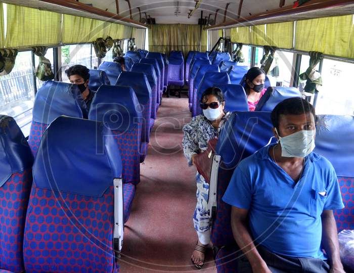 People Maintain Social Distance As They Travel In A City Bus After Authorities Eased Restrictions, During Nationwide Lockdown Amidst Coronavirus or COVID-19 Pandemic  In Guwahati District Of Assam,India