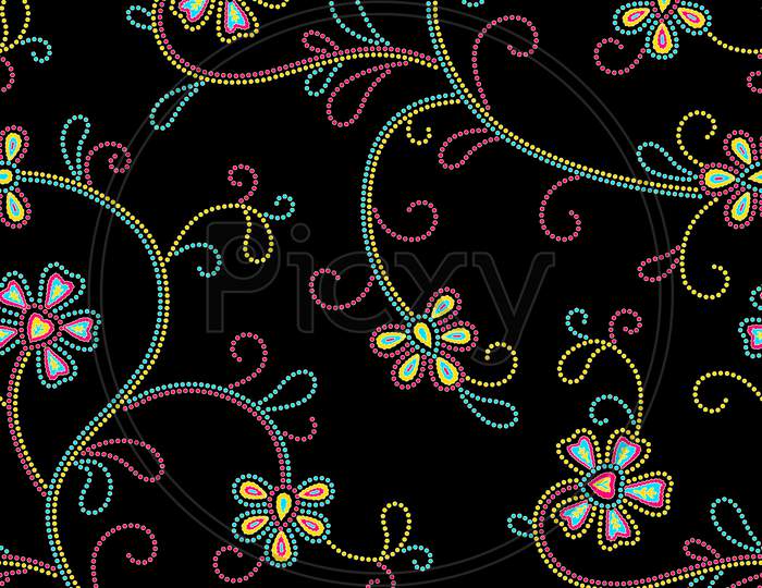 Seamless Colorful Polka Dot Floral Design With Black Background