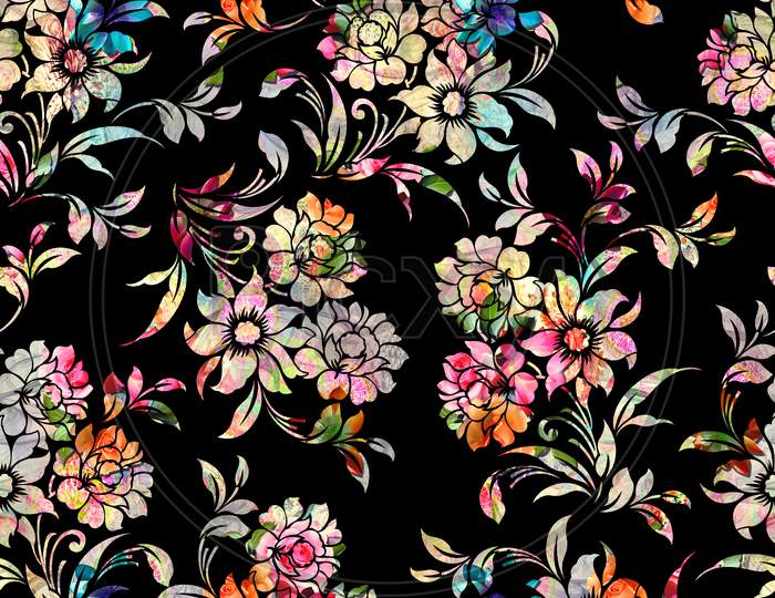 Seamless Colorful Floral Pattern With Black Background