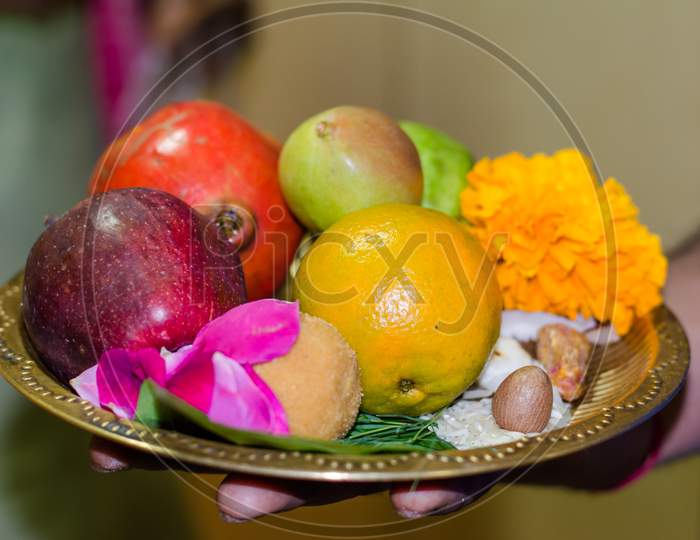 Happy Diwali - Fruits in Plate for Diwali Pooja on deepawali, Diwali Pooja Plate