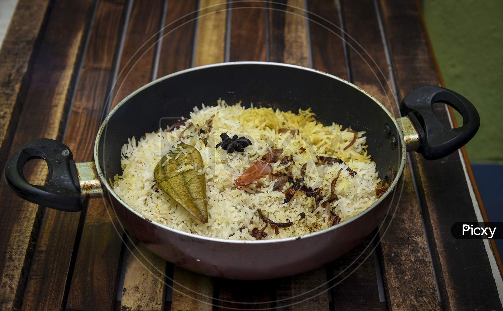 Delicious chicken biryani top view.Biryani rice dish Beautiful Indian rice dish.