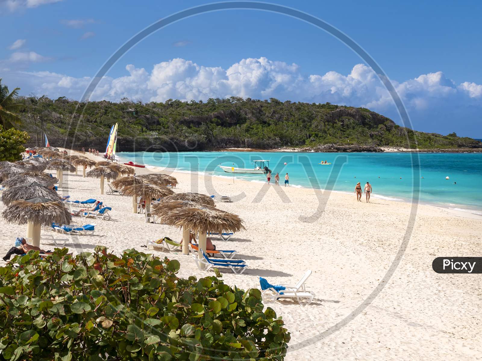 Caribbean beach showing coast with white sand turquoise sea and blue sky