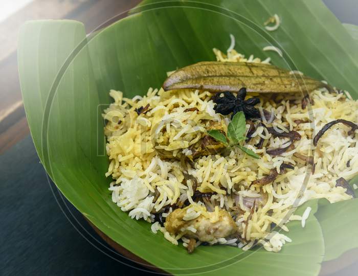 Delicious chicken biryani top view.Biryani rice dish Beautiful Indian rice dish.