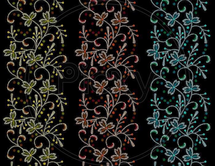 Seamless Floral Colorful Embroidery Border Design Black Background