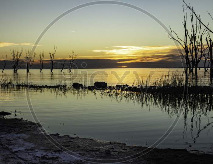 Beautiful Sunset On The Lake. Dry Trees Submerged In The Calm Waters Of Lake Epecuen. Clouds On The Horizon During Sunset.