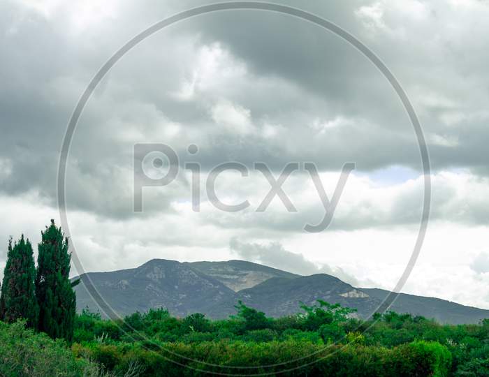 Mountainous Landscape Of The Italian Tuscan. Hills Sown With Vines.
