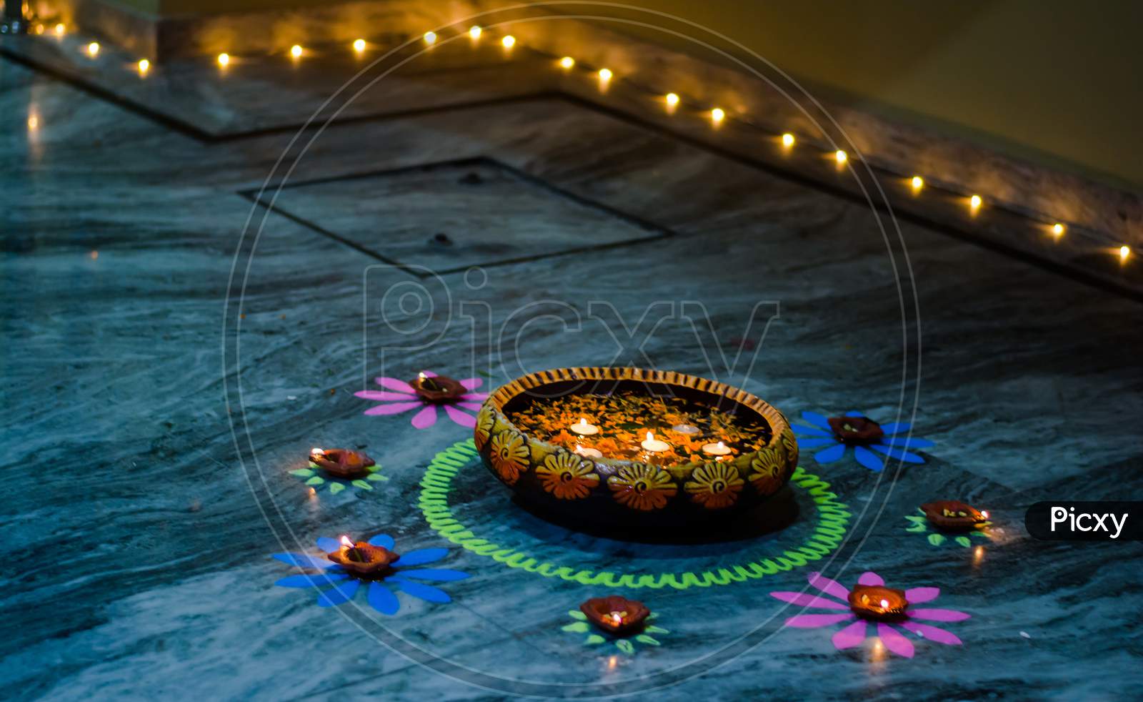 Image Of Happy Diwali Rangoli Painting On Floor For Diwali With Floating Candles Vg903385 Picxy