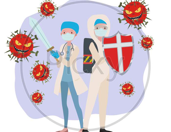 Corona virus banner fighting doctors stylized virus sketch