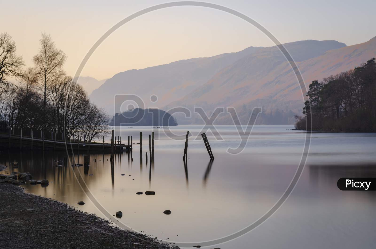 Calm morning water of Derwent water near keswick in the Lake District.